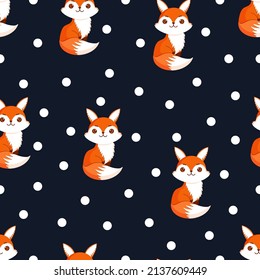 Seamless pattern with cute fox and decorative polka dots. Texture with animals for textiles, wallpaper or print design. Vector illustration.