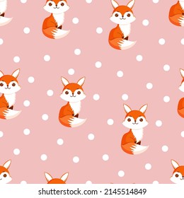 Seamless pattern with cute fox and decorative polka dots. Texture with animals for textiles, wallpaper or print design. Vector illustration.