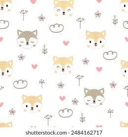 Seamless pattern with cute fox. Cute face animal background. Used for textile, fabric, wallpaper, wrapping, kids apparel design. Cartoon vector illustration