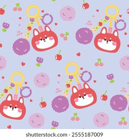 Seamless pattern of cute fox face head keychain bag with bead and furry ball background.Cherry,flower,heart.Wild animal cartoon.Image for card,sticker,decoration item.Kawaii.Vector.Illustration.