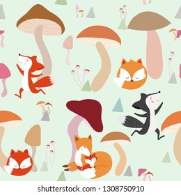 seamless pattern cute fox family happy funny and sleep  in mushroom forest,illustration vector comic art.