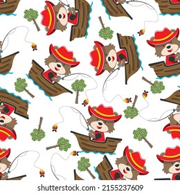 Seamless pattern with cute fox fishing on sailboat. Cute Marine pattern for fabric, baby clothes, background, textile, wrapping paper and other decoration.