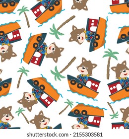 Seamless pattern with cute fox fishing on sailboat. Cute Marine pattern for fabric, baby clothes, background, textile, wrapping paper and other decoration.