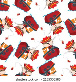 Seamless pattern with cute fox fishing on sailboat. Cute Marine pattern for fabric, baby clothes, background, textile, wrapping paper and other decoration.
