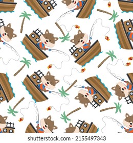 Seamless pattern with cute fox fishing on sailboat. Cute Marine pattern for fabric, baby clothes, background, textile, wrapping paper and other decoration.