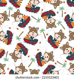 Seamless pattern with cute fox fishing on sailboat. Cute Marine pattern for fabric, baby clothes, background, textile, wrapping paper and other decoration.