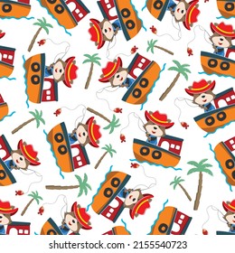 Seamless pattern with cute fox fishing on sailboat. Cute Marine pattern for fabric, baby clothes, background, textile, wrapping paper and other decoration.