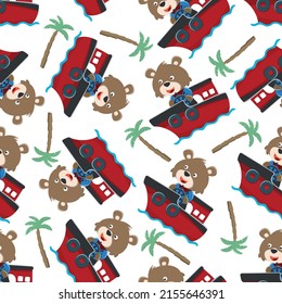 Seamless pattern with cute fox fishing on sailboat. Cute Marine pattern for fabric, baby clothes, background, textile, wrapping paper and other decoration.