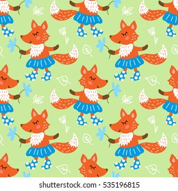 Seamless pattern with cute fox with flower