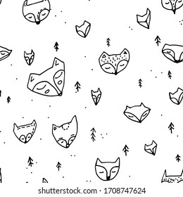 Seamless pattern with cute fox in the forest. Vector hand drawn illustration.