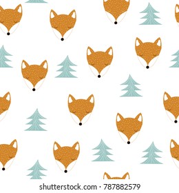 Seamless pattern with cute fox in the forest. Vector hand drawn illustration.