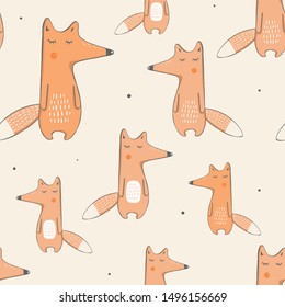 seamless pattern with cute fox. Hand drawn vector illustration.