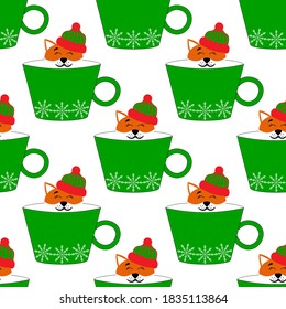
Seamless pattern with a cute fox in a hat in a pastel cup with snowflakes on a white background. Vintage prints in flat style for interior. Stock vector illustration for decor and design, fabric.