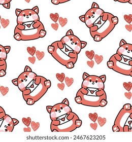 Seamless pattern of cute fox hold paper mail on white background.Wild animal character cartoon design.Image for card,baby product,Print screen clothing.Valentines day.Love.Kawaii.Vector.Illustration.