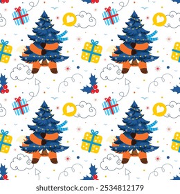 Seamless pattern with a cute fox holding a christmas trees and gifts