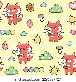 Seamless pattern of cute fox hug flower on yellow pastel background.Wild animal character cartoon design.Baby clothing.Kawaii.Vector.Illustration.