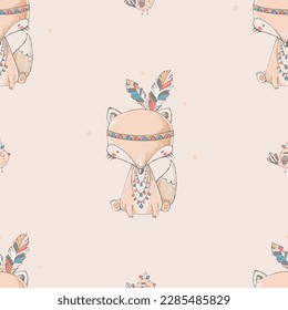  Seamless pattern with cute Fox in Indian headband. Hand drawn vector illustration. For kids and babies