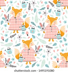 Seamless pattern with cute fox and leaves. Autumn background. Vector illustrations