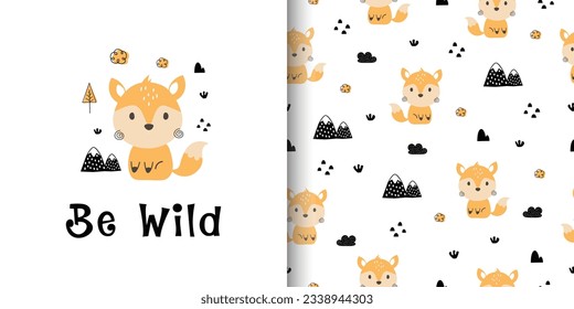 Seamless pattern with cute fox and mountain. Cartoon fox animal background. Design for textile, print, fabric, wallpaper, wrapping. Vector illustration