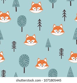 Seamless pattern with cute fox a nd abstract  trees. Forest childish background.