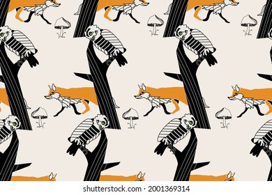 seamless pattern with cute fox , owl and old tree, vector design for paper, fabric and other surfaces