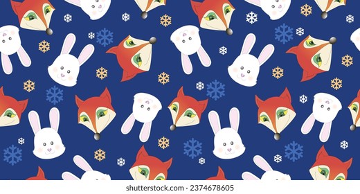 Seamless Pattern with cute fox and rabbits, fairy tail characters with falling snowflakes.Print DesignTextile for Kids Fashion. Print for textile, wrapper, postcard. 