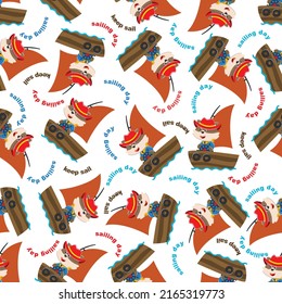 Seamless pattern with cute fox sailing on sailboat. Cute Marine pattern for fabric, baby clothes, background, textile, wrapping paper and other decoration.