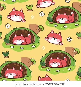 Seamless pattern of cute fox sleep in cave on flower garden background.Tree.Jungle.Wild animal character cartoon design.Kawaii.Vector.Illustration.