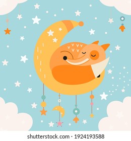 Seamless pattern with cute fox sleeping on moon in cartoon style. Vector kids illustration for nursery design. Foxes pattern for baby clothes, wrapping paper.