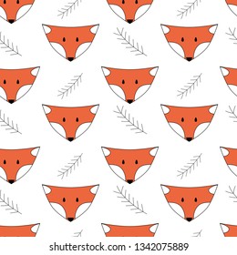 Seamless pattern with cute fox, and sprigs.