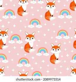 Seamless pattern with cute fox, stars and rainbow. Texture with animals for textiles, wallpaper or print design. Vector summer illustration.