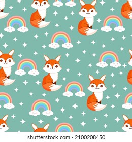 Patrón sin foco con zorro lindo, estrellas y arco iris. Textura con animales para textiles, papel pintado o diseño impreso. Ilustración de verano del vector
