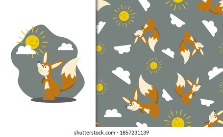 Seamless pattern with Cute Fox in Sunny Day. Vector Illustration.