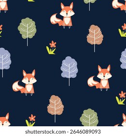 Seamless pattern with cute fox, tree and flower. Childish and playful cartoon animals vector illustration  for textile, wrapping paper, printing, packaging, fabric, clothing, bedding and others 