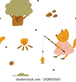 Seamless pattern with cute fox and trees. Kids vector illustration
