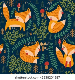 Seamless pattern with cute fox. Vector illustration.