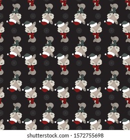 Seamless pattern with a cute fox wearing scarf and santa’s hat in black background.  Xmas Vector design for winter holidays. Surface design for nursery or children collection.