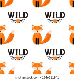 Seamless pattern with cute fox, word Wild, heart on the white background. Vector illustration
