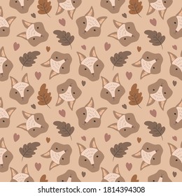 seamless pattern with cute foxes and autumn leaves