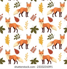 Seamless pattern with cute foxes with autumn leaves. Hand drawn childish background with wild animals in the forest. Endless kids texture for apparel, textile and prints. vector illustration