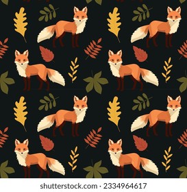 Seamless pattern with cute foxes with autumn leaves. Hand drawn childish background with wild animals in the forest. Endless kids texture for apparel, textile and prints. vector illustration