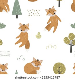 Patrón sin foco con zorros bonitos y árboles de otoño sobre un fondo blanco para textiles para niños, papel de rayado, postales.