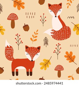 Seamless pattern with cute foxes, autumn leaves, acorns and oak leaves, Scandinavian style. Baby texture for fabric, nursery decoration, textiles, apparel. Vector illustration