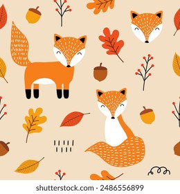 Seamless pattern with cute foxes, autumn leaves, acorns and oak leaves, Scandinavian style. Baby texture for fabric, nursery decoration, textiles, apparel. Vector illustration