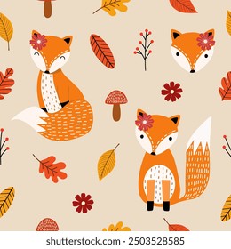 Seamless pattern with cute foxes, autumn leaves, mushroom and oak leaves, Scandinavian style. Baby texture for fabric, nursery decoration, textiles, apparel. Vector illustration