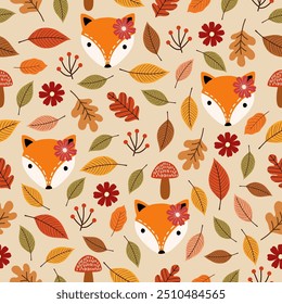 Patrón sin fisuras con zorros lindos, hojas de otoño, hojas de seta y roble, estilo escandinavo. Textura del bebé para la tela, decoración del vivero, textiles, ropa. Ilustración vectorial