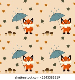 Padrão contínuo com raposas bonitas, folhas de outono, guarda-chuva, cogumelos. Textura do bebê para o tecido, decoração do berçário, têxteis, vestuário. Ilustração vetorial