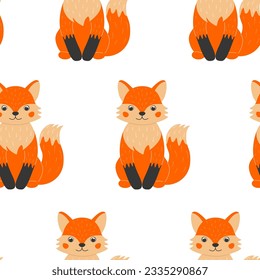 Seamless pattern with cute foxes in cartoon style. Animals in the forest. Vector illustration.