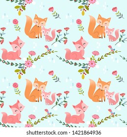 Seamless pattern with cute foxes and flowers vector design