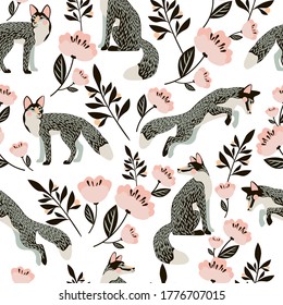 Seamless pattern with cute foxes and flowers.